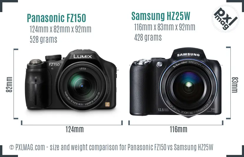 Panasonic FZ150 vs Samsung HZ25W size comparison