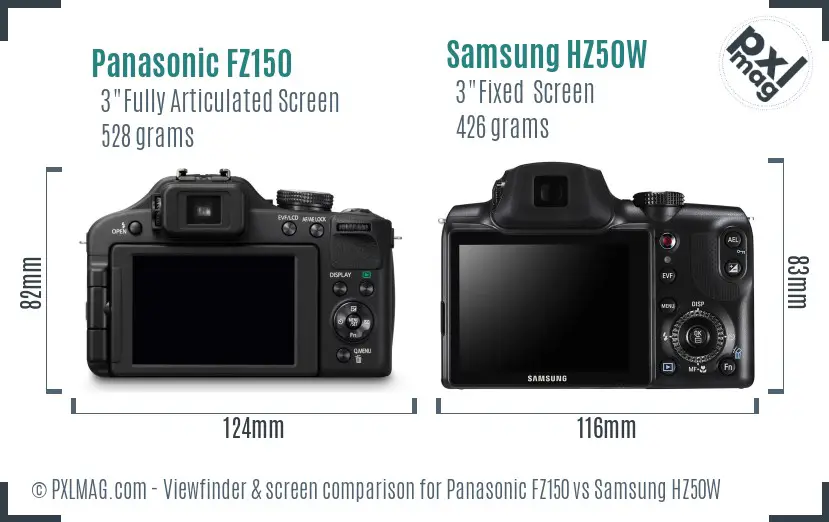 Panasonic FZ150 vs Samsung HZ50W Screen and Viewfinder comparison