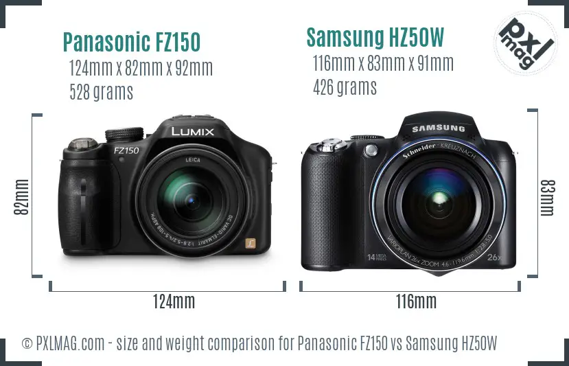 Panasonic FZ150 vs Samsung HZ50W size comparison