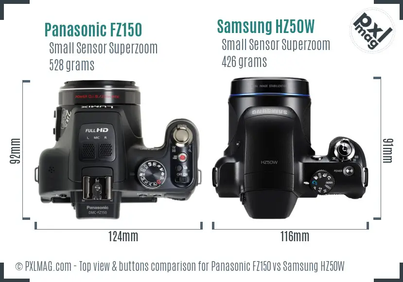 Panasonic FZ150 vs Samsung HZ50W top view buttons comparison