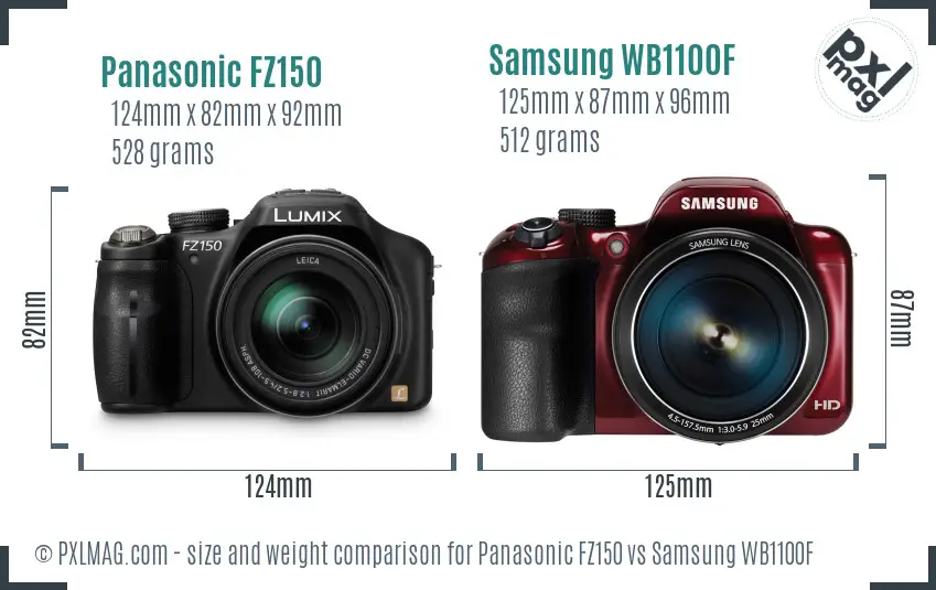 Panasonic FZ150 vs Samsung WB1100F size comparison