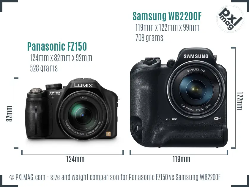 Panasonic FZ150 vs Samsung WB2200F size comparison