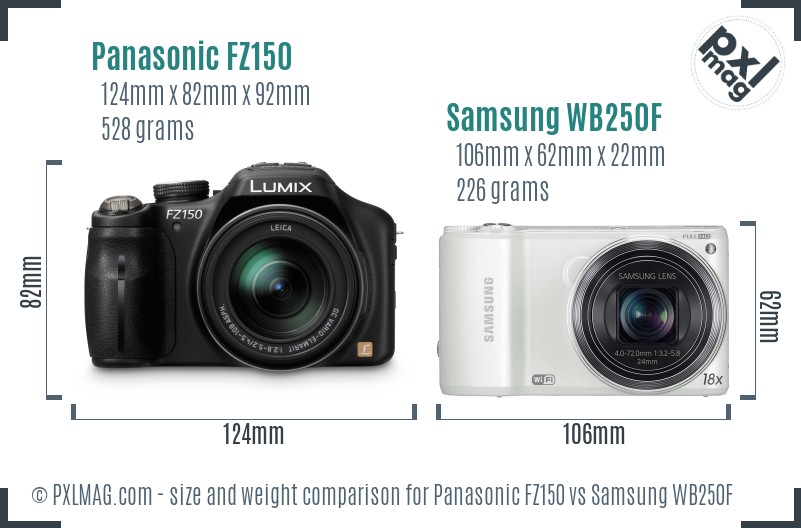 Panasonic FZ150 vs Samsung WB250F size comparison