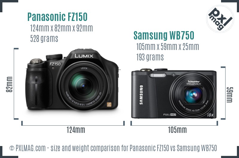 Panasonic FZ150 vs Samsung WB750 size comparison