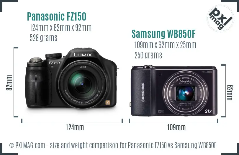 Panasonic FZ150 vs Samsung WB850F size comparison