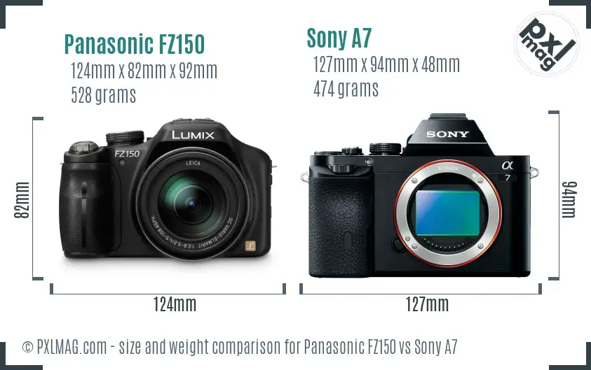 Panasonic FZ150 vs Sony A7 size comparison