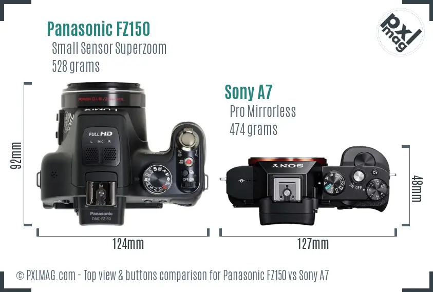 Panasonic FZ150 vs Sony A7 top view buttons comparison