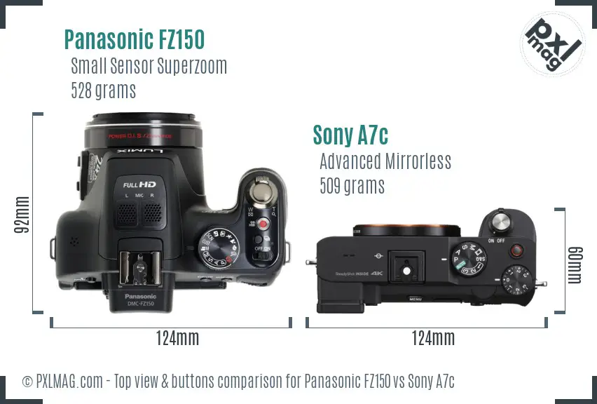 Panasonic FZ150 vs Sony A7c top view buttons comparison