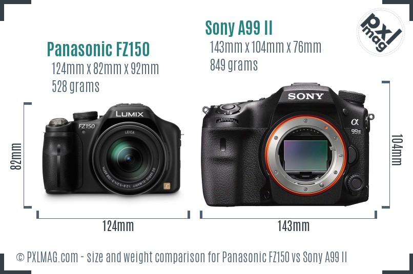 Panasonic FZ150 vs Sony A99 II size comparison