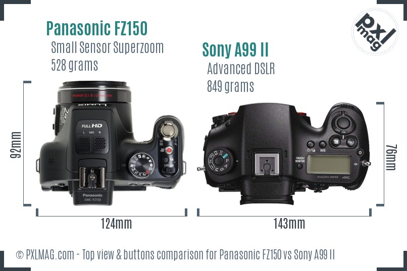 Panasonic FZ150 vs Sony A99 II top view buttons comparison
