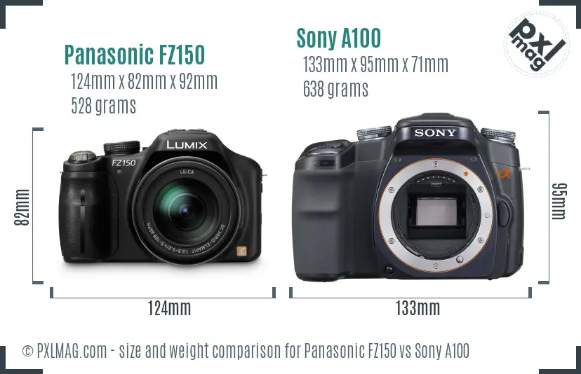 Panasonic FZ150 vs Sony A100 size comparison Panasonic FZ150 vs Sony A100 size comparison