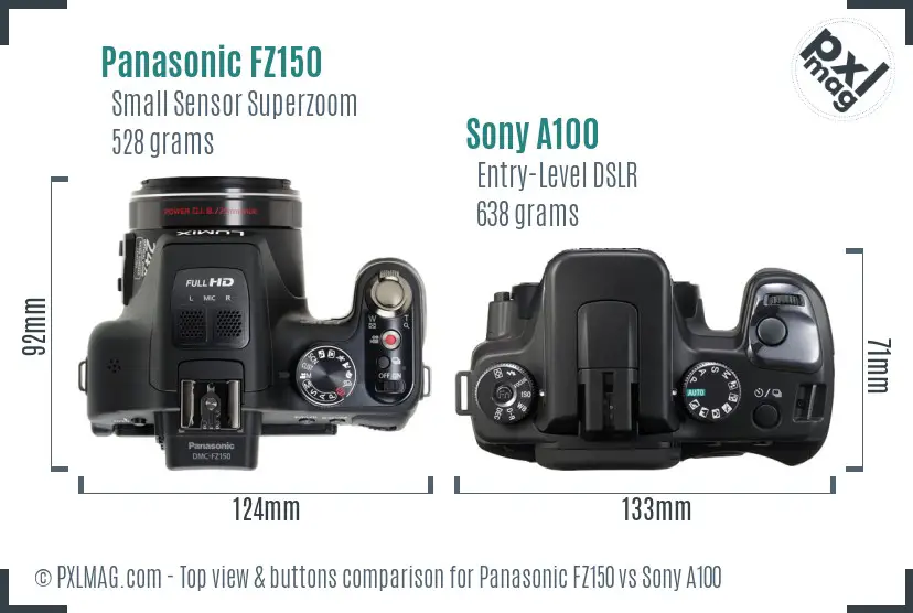Panasonic FZ150 vs Sony A100 top view buttons comparison Panasonic FZ150 vs Sony A100 top view buttons comparison
