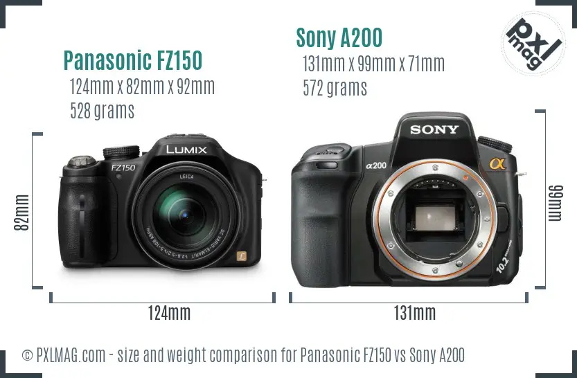 Panasonic FZ150 vs Sony A200 size comparison