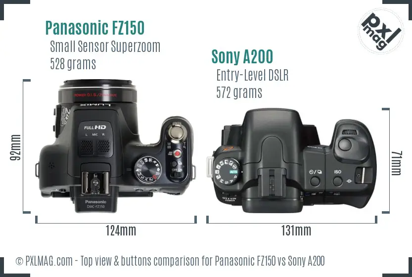 Panasonic FZ150 vs Sony A200 top view buttons comparison