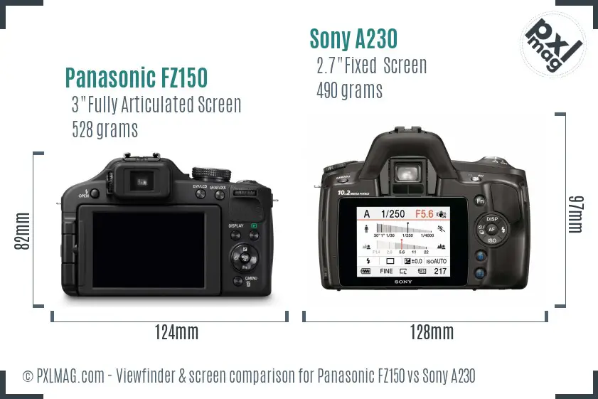 Panasonic FZ150 vs Sony A230 Screen and Viewfinder comparison