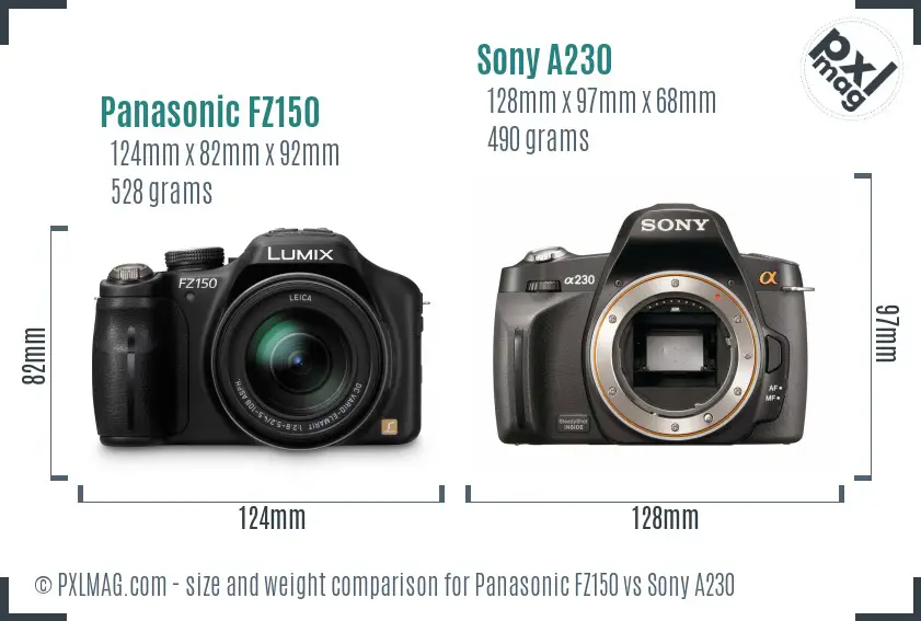 Panasonic FZ150 vs Sony A230 size comparison