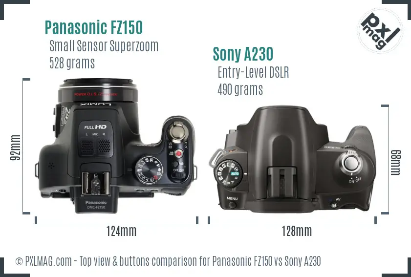 Panasonic FZ150 vs Sony A230 top view buttons comparison