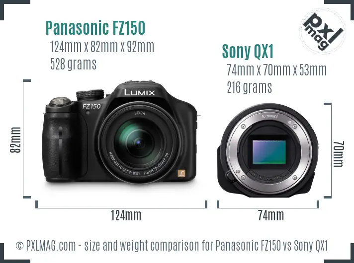Panasonic FZ150 vs Sony QX1 size comparison Panasonic FZ150 vs Sony QX1 size comparison