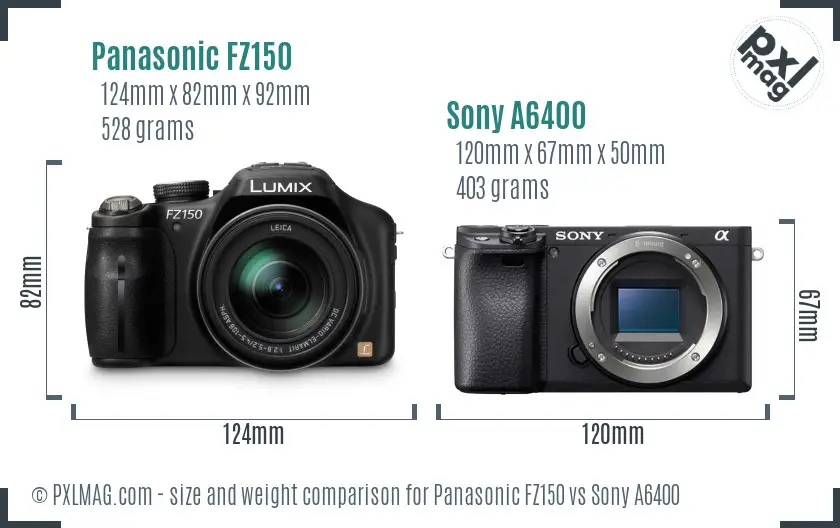 Panasonic FZ150 vs Sony A6400 size comparison