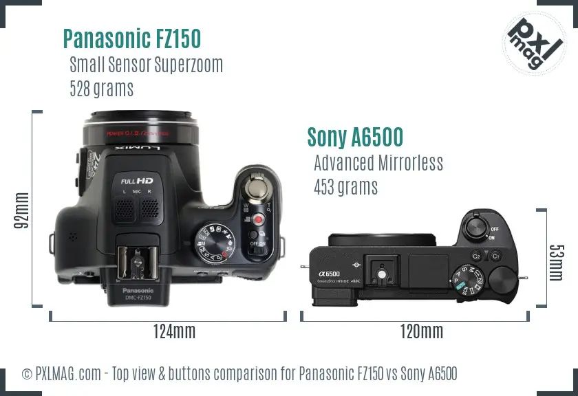 Panasonic FZ150 vs Sony A6500 top view buttons comparison Panasonic FZ150 vs Sony A6500 top view buttons comparison