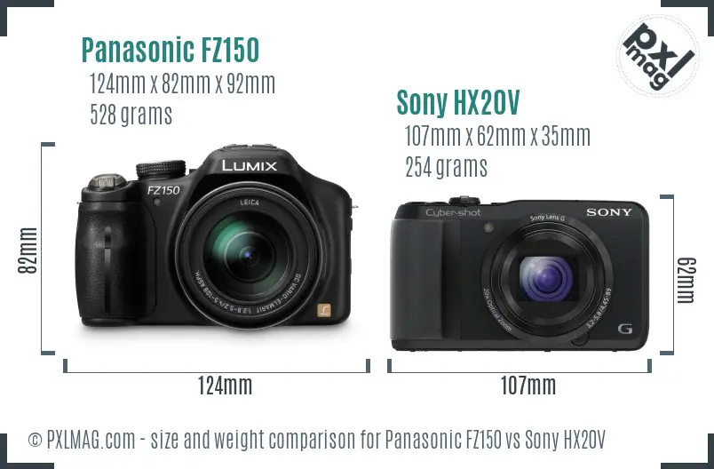Panasonic FZ150 vs Sony HX20V size comparison