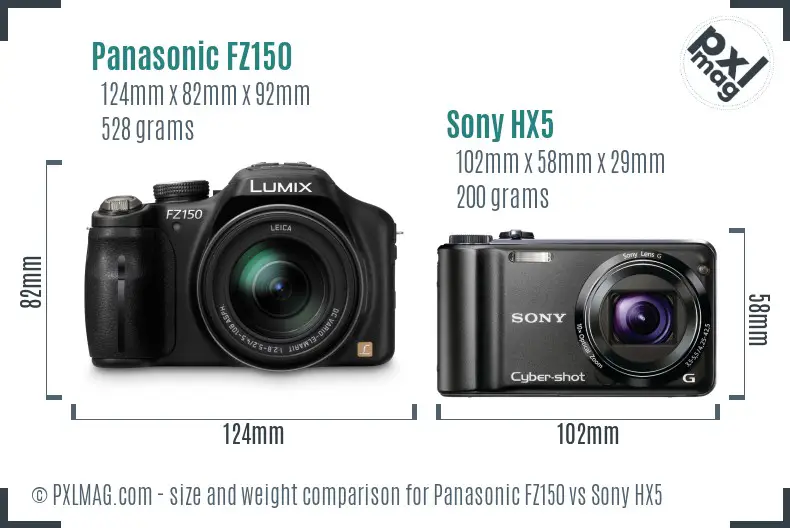 Panasonic FZ150 vs Sony HX5 size comparison Panasonic FZ150 vs Sony HX5 size comparison