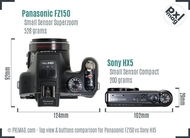 Panasonic FZ150 vs Sony HX5 top view buttons comparison Panasonic FZ150 vs Sony HX5 top view buttons comparison