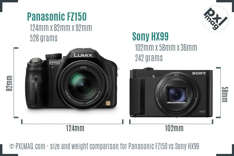 Panasonic FZ150 vs Sony HX99 size comparison