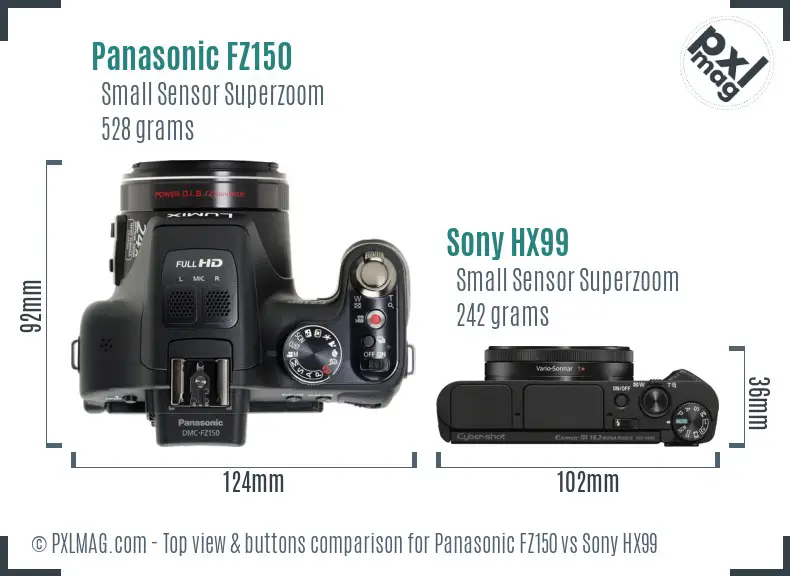 Panasonic FZ150 vs Sony HX99 top view buttons comparison
