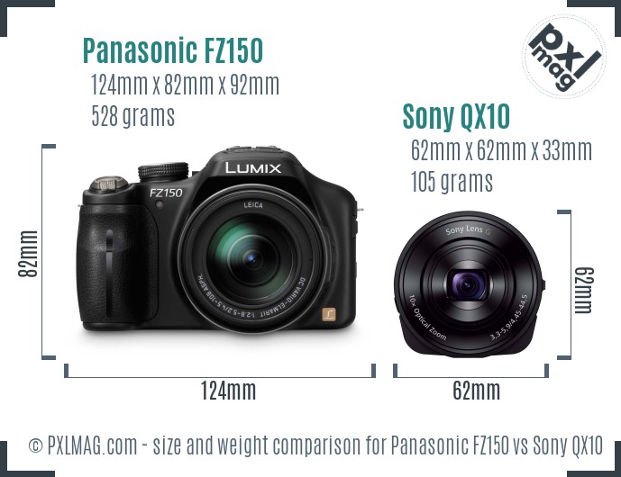 Panasonic FZ150 vs Sony QX10 size comparison