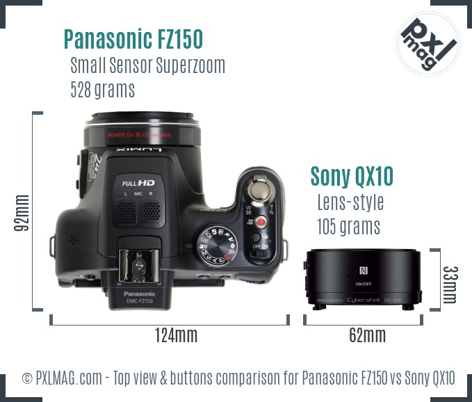 Panasonic FZ150 vs Sony QX10 top view buttons comparison