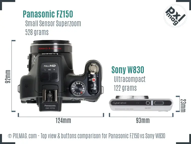 Panasonic FZ150 vs Sony W830 top view buttons comparison