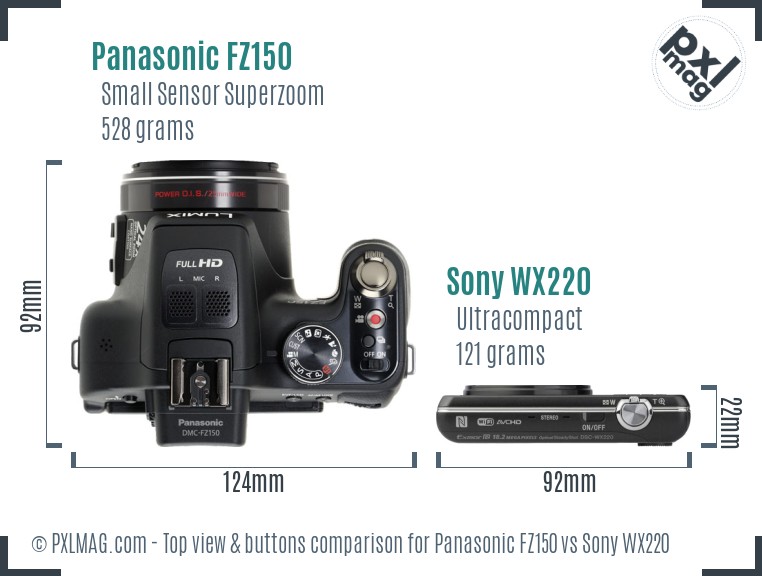 Panasonic FZ150 vs Sony WX220 top view buttons comparison