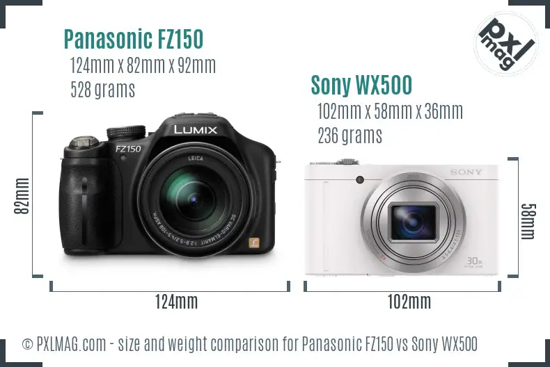 Panasonic FZ150 vs Sony WX500 size comparison