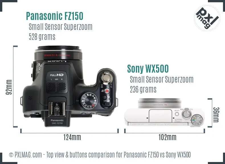 Panasonic FZ150 vs Sony WX500 top view buttons comparison