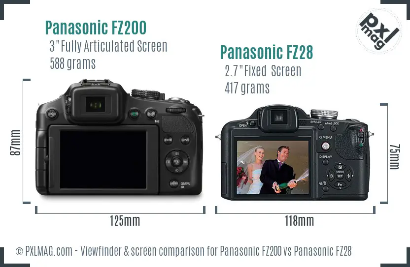 Panasonic FZ200 vs Panasonic FZ28 Screen and Viewfinder comparison