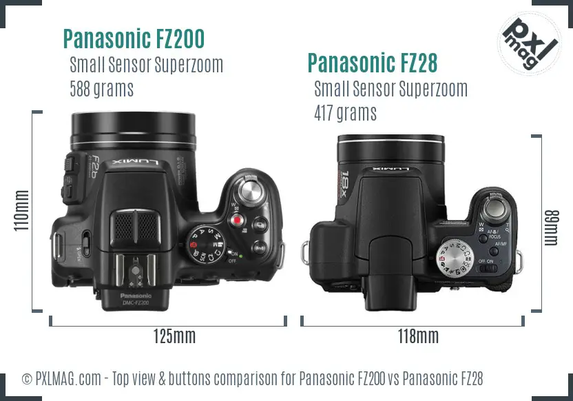 Panasonic FZ200 vs Panasonic FZ28 top view buttons comparison