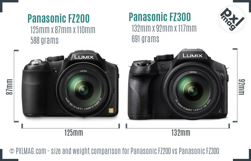 Panasonic FZ200 vs Panasonic FZ300 size comparison