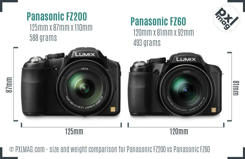 Panasonic FZ200 vs Panasonic FZ60 size comparison