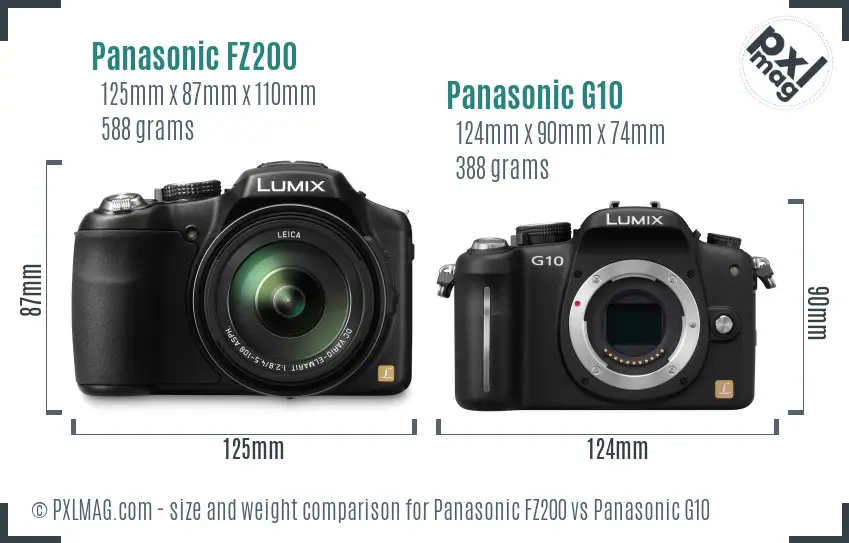 Panasonic FZ200 vs Panasonic G10 size comparison