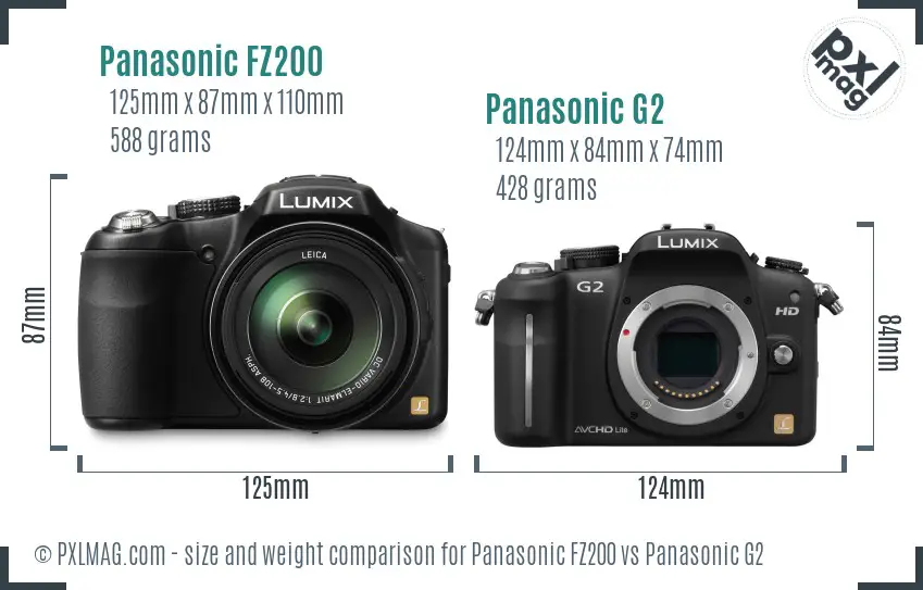 Panasonic FZ200 vs Panasonic G2 size comparison