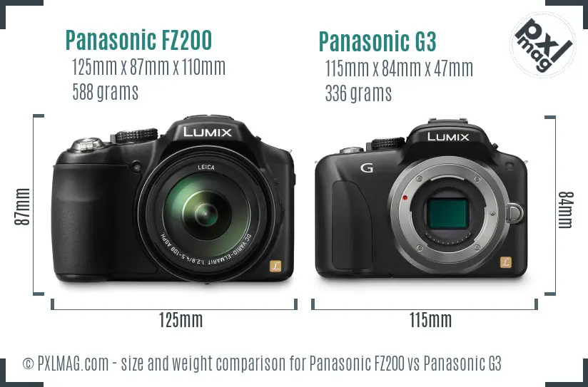 Panasonic FZ200 vs Panasonic G3 size comparison