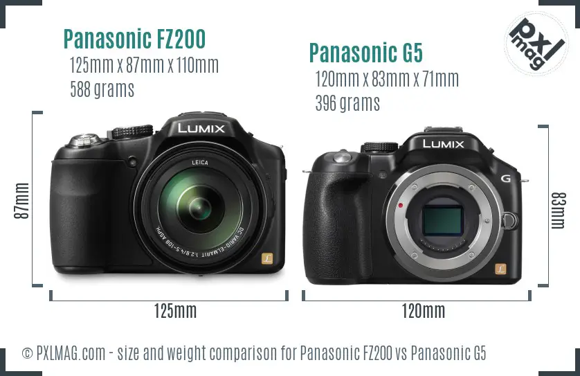 Panasonic FZ200 vs Panasonic G5 size comparison