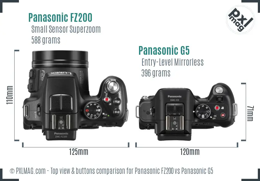 Panasonic FZ200 vs Panasonic G5 top view buttons comparison