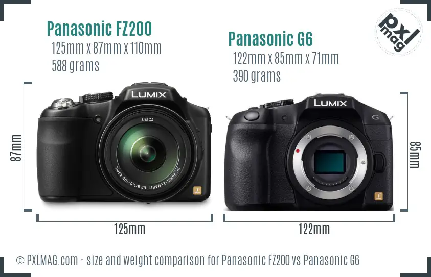 Panasonic FZ200 vs Panasonic G6 size comparison
