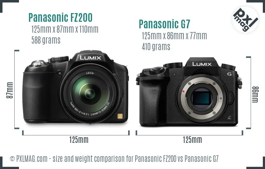Panasonic FZ200 vs Panasonic G7 size comparison