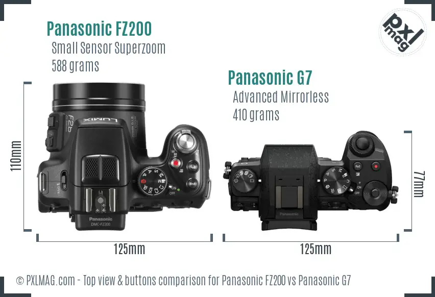 Panasonic FZ200 vs Panasonic G7 top view buttons comparison