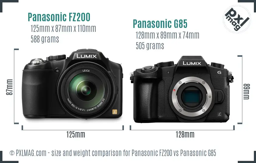 Panasonic FZ200 vs Panasonic G85 size comparison