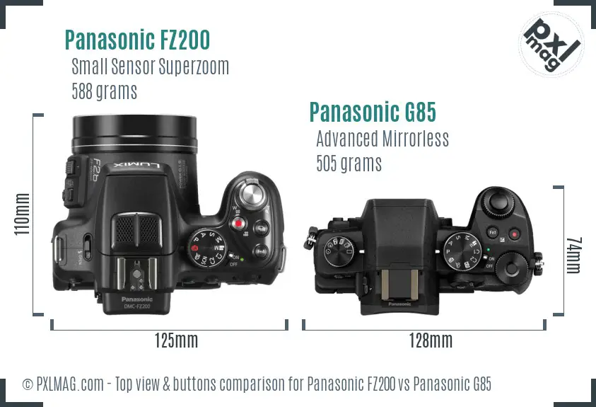 Panasonic FZ200 vs Panasonic G85 top view buttons comparison