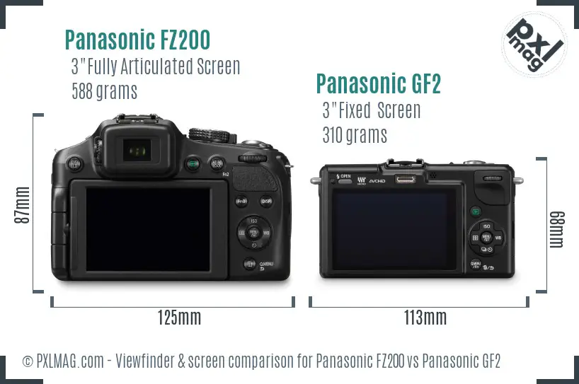 Panasonic FZ200 vs Panasonic GF2 Screen and Viewfinder comparison